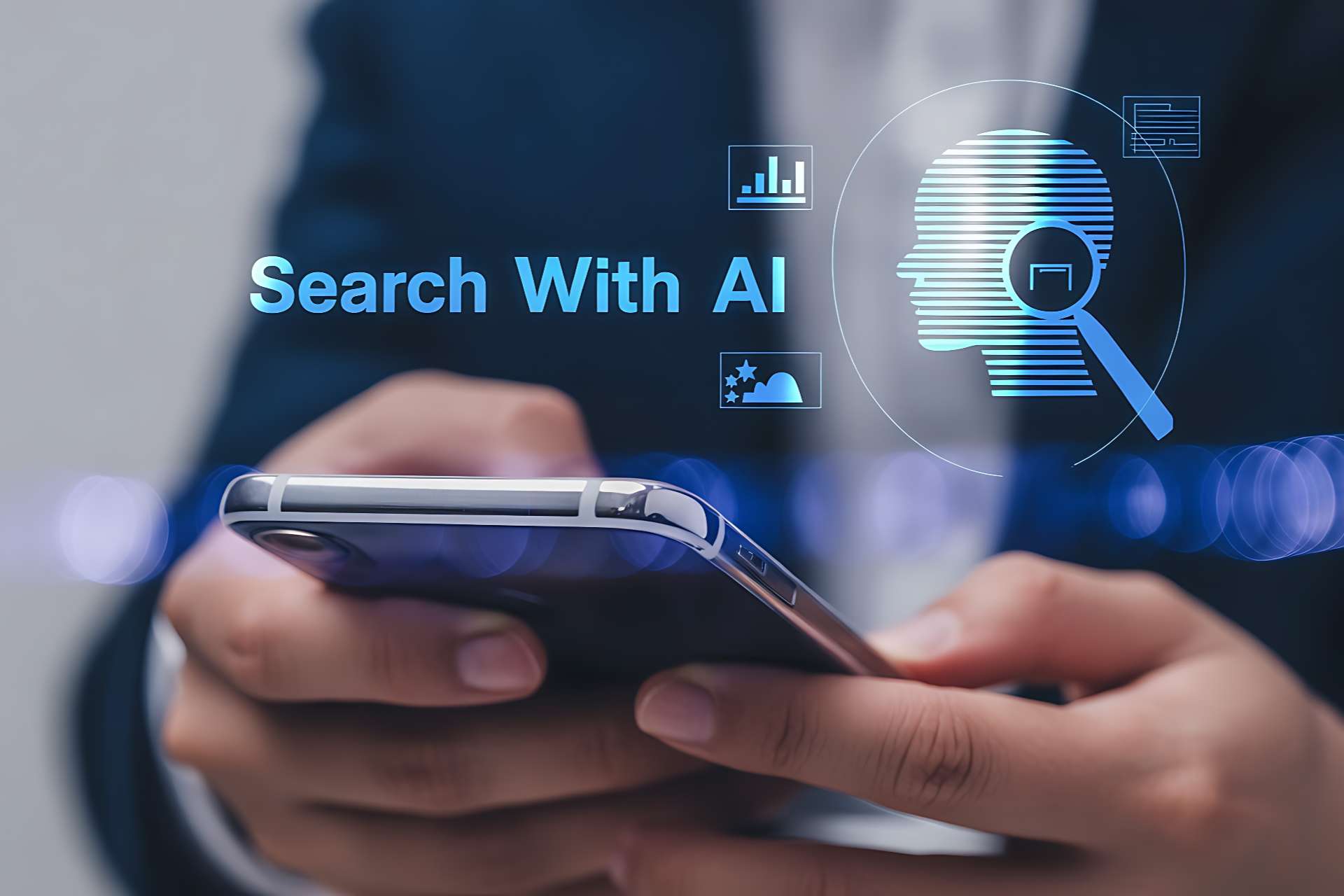 close up of person searching with ai on a mobile phone