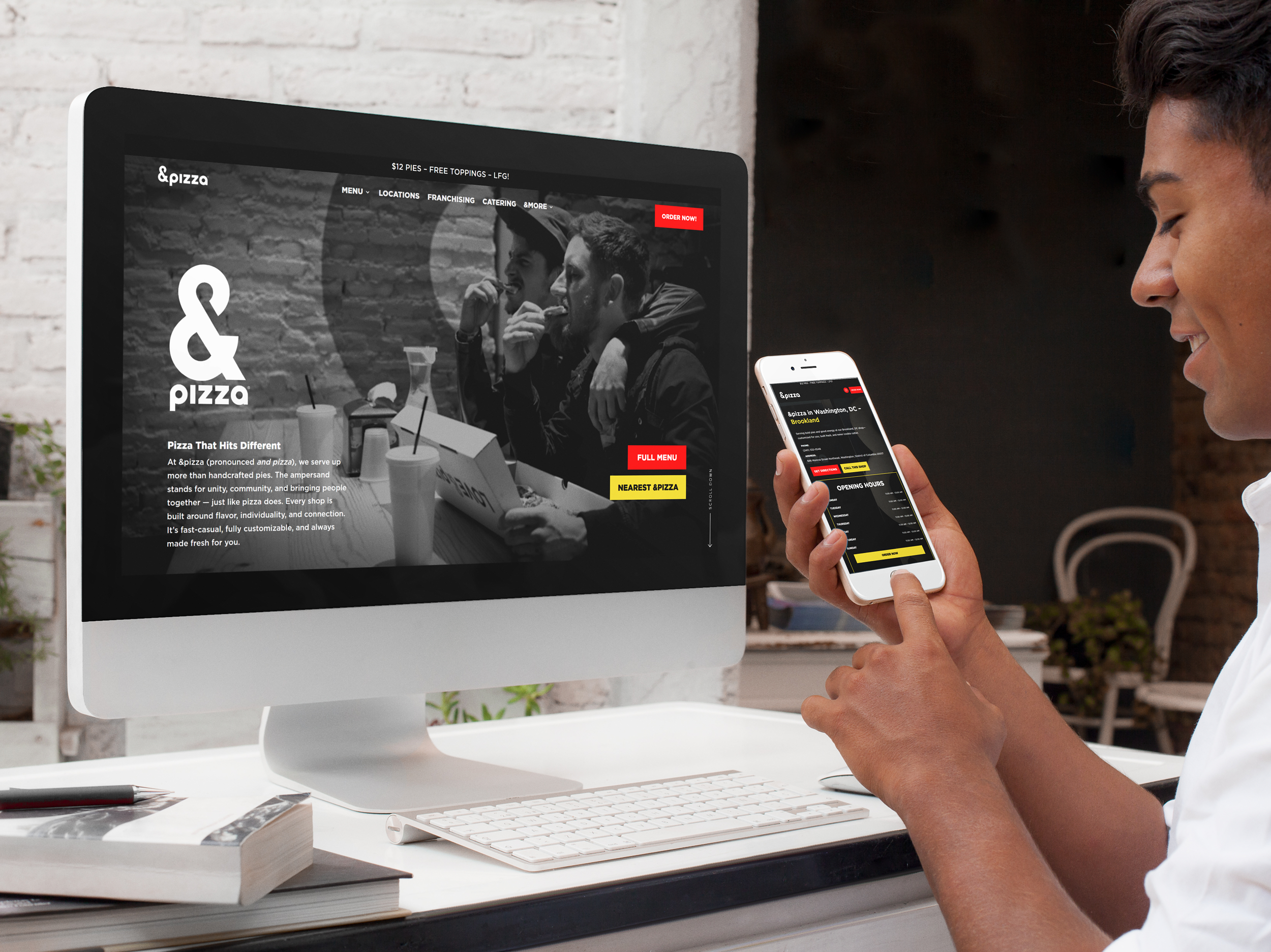 screenshot of &pizza franchise website on desktop screen and mobile. 
