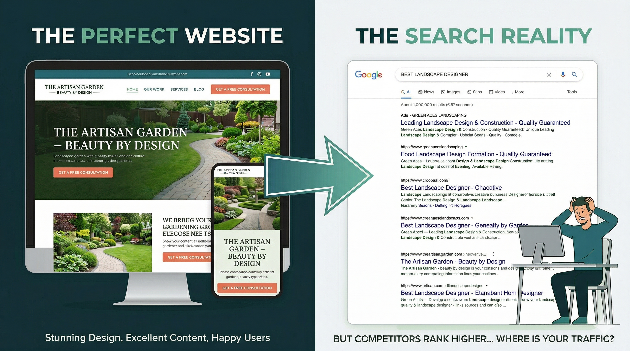 graphic illustrating a beautiful website that doesn't rank well after launch