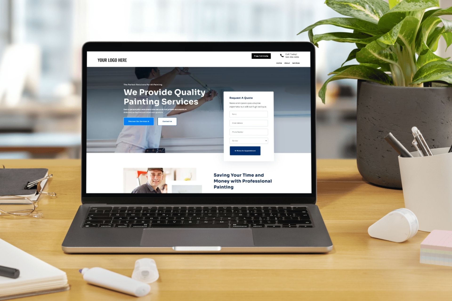 laptop on desk with example of best website for painting companies
