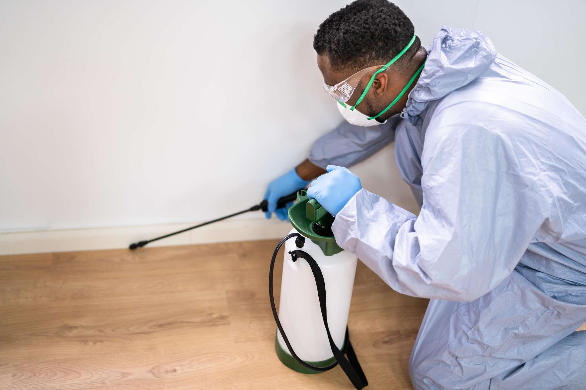 pest control professional spraying pesticide in home