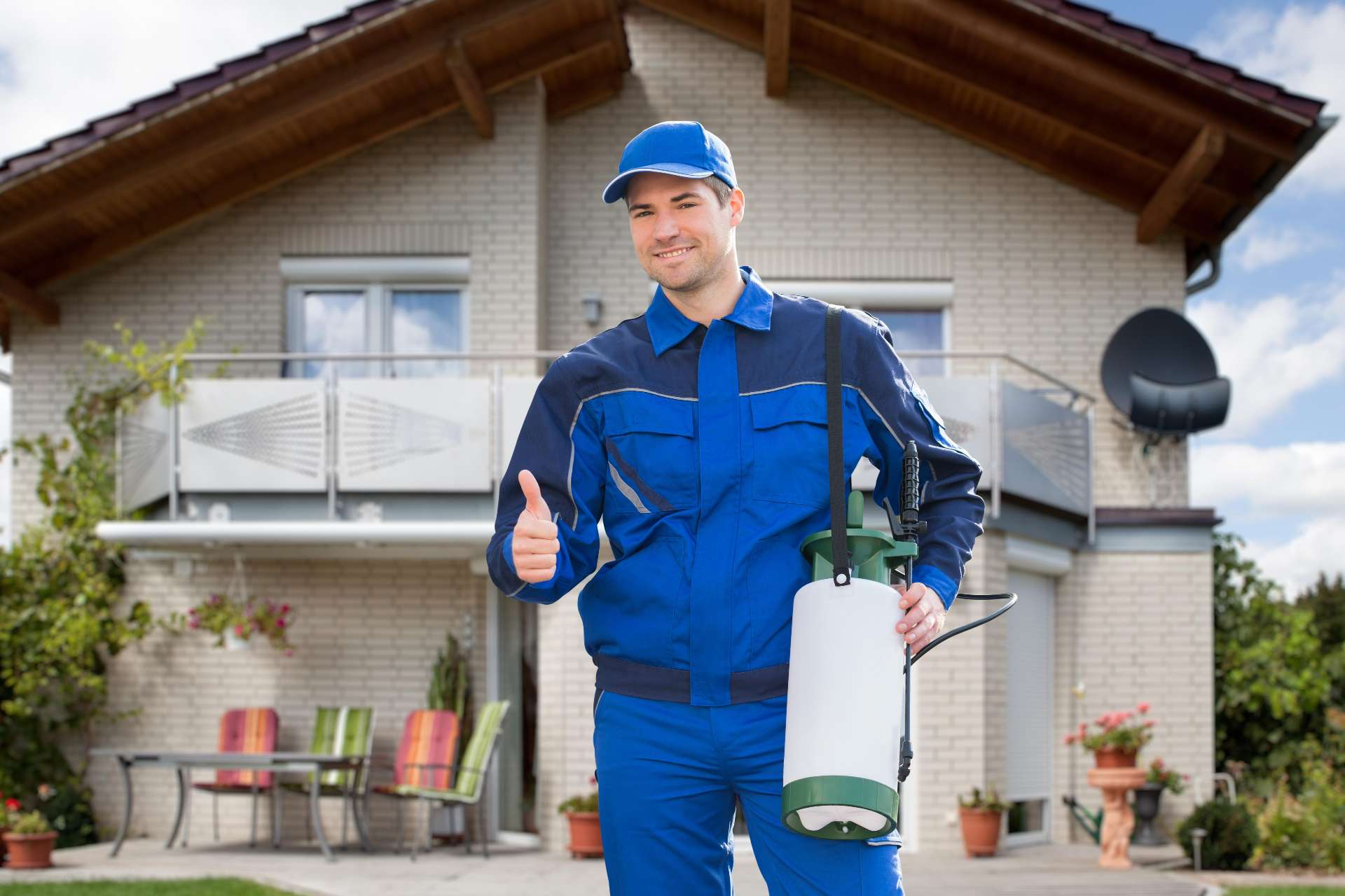 pest control professional in front of a home