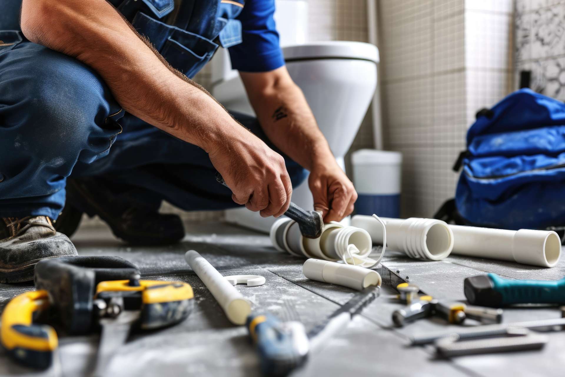 close up of plumber working with tools and pipes