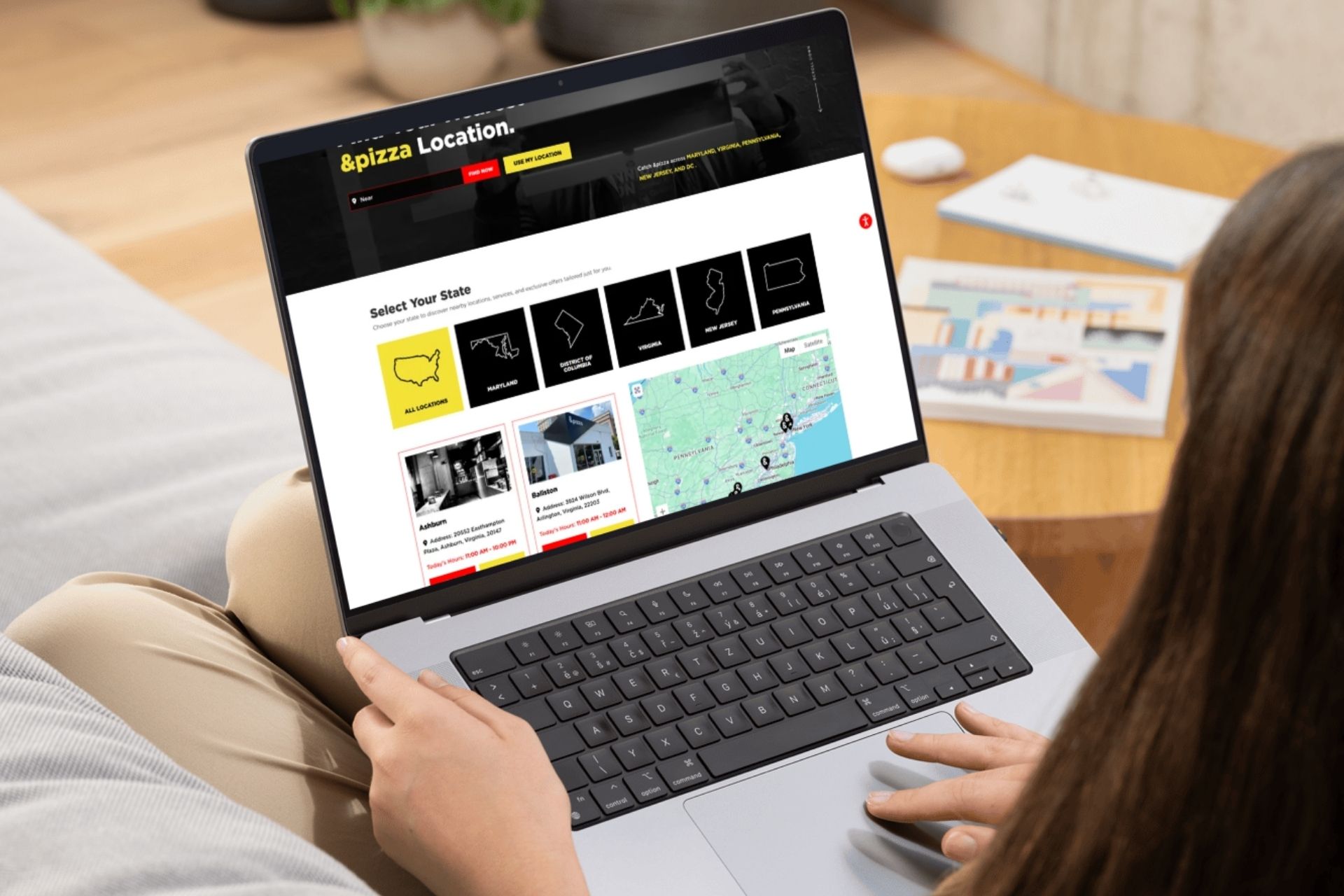 &pizza location search page showing local shops with local images and custom map styling