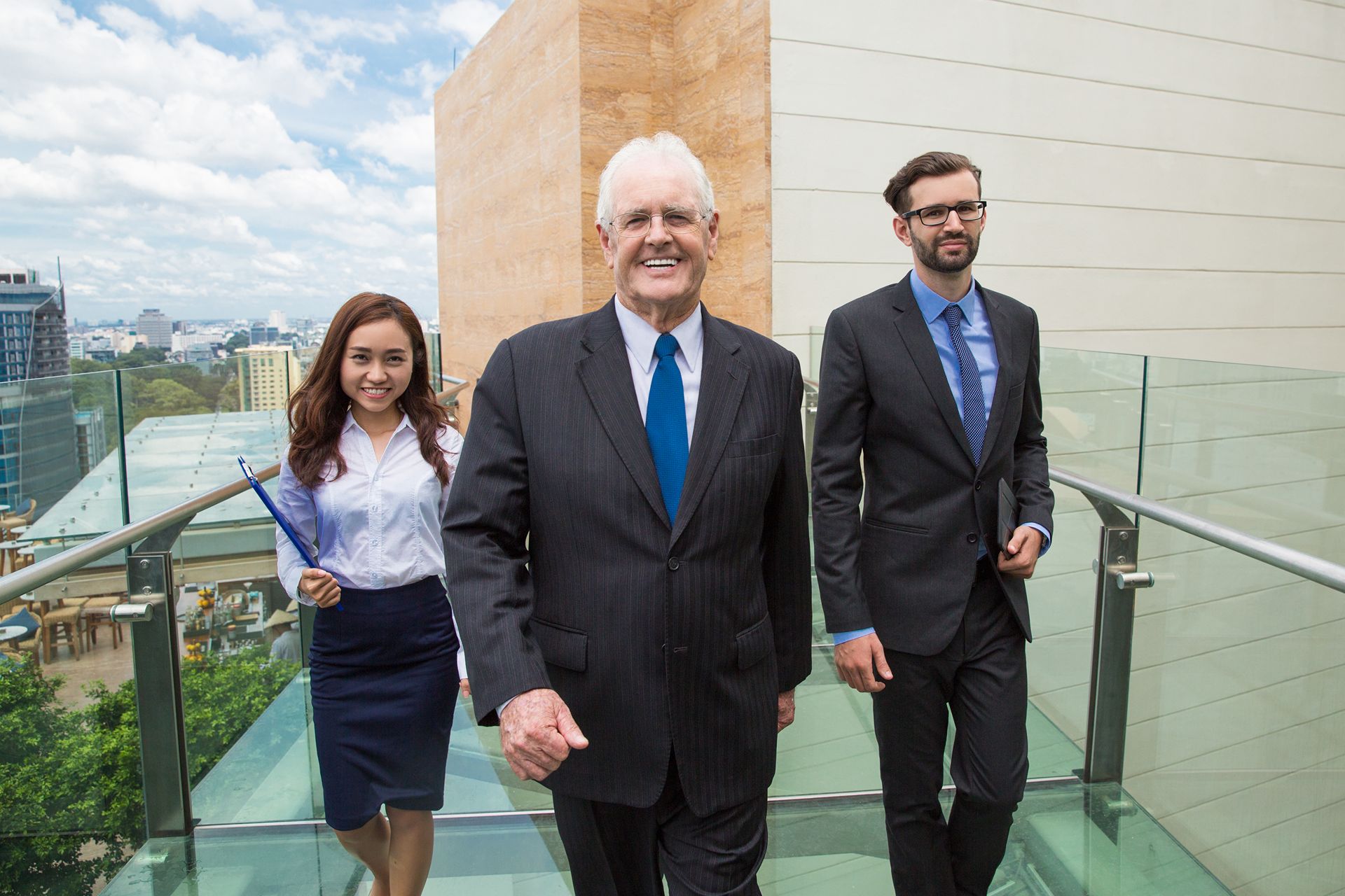 lawyers walk proudly outside a  downtown courthouse