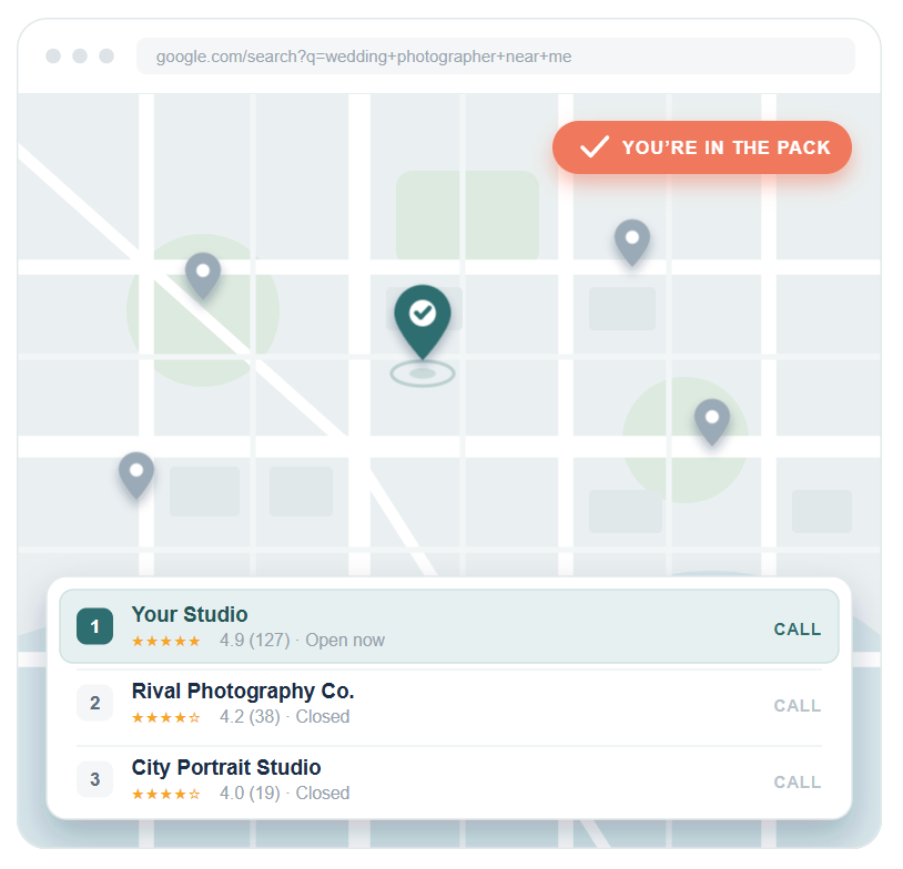 mock-up of google map showing photographer listings