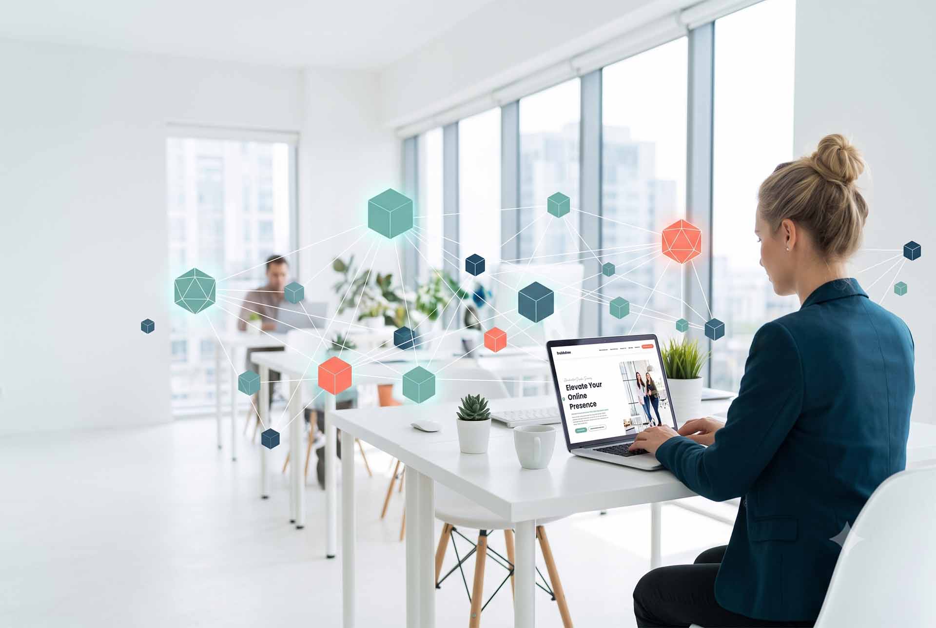 woman at desk with building links graphic around her