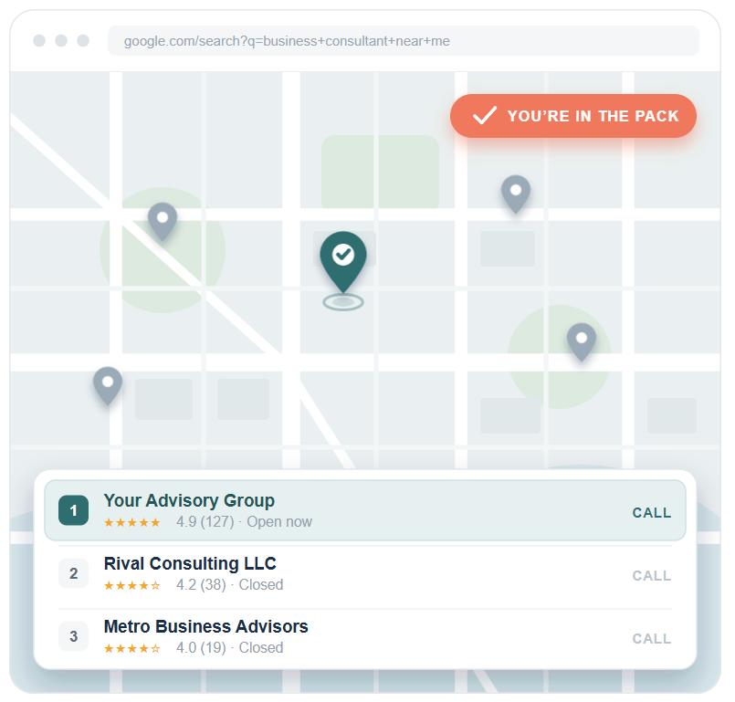map pack mock up of business consultant listings on google