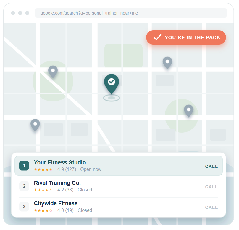 mock-up of google map pack showing local listings for trainers