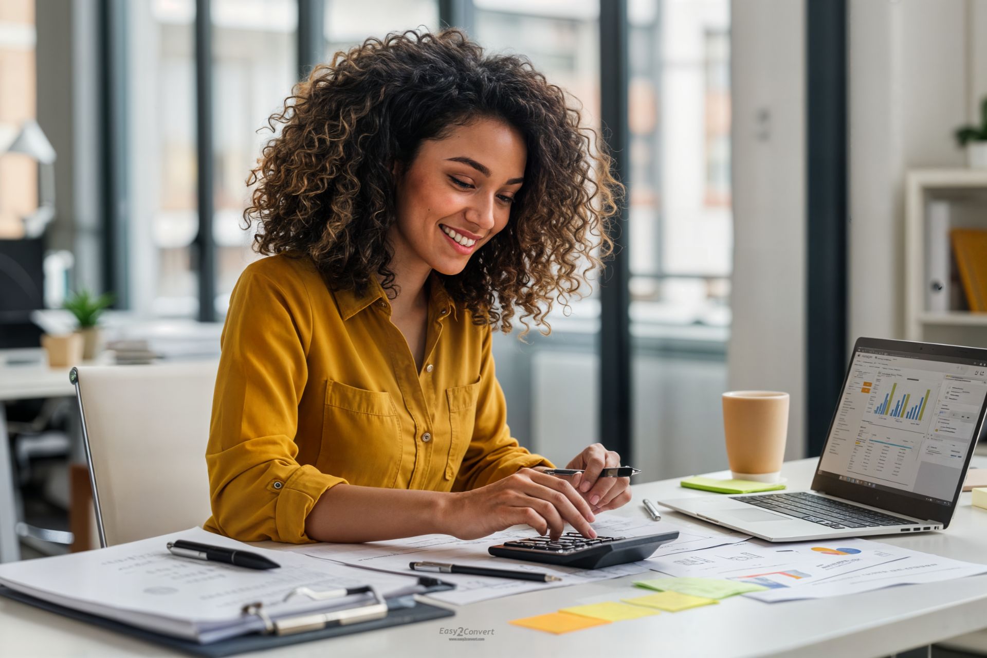 financial advisor working happily at her desk with financial documents