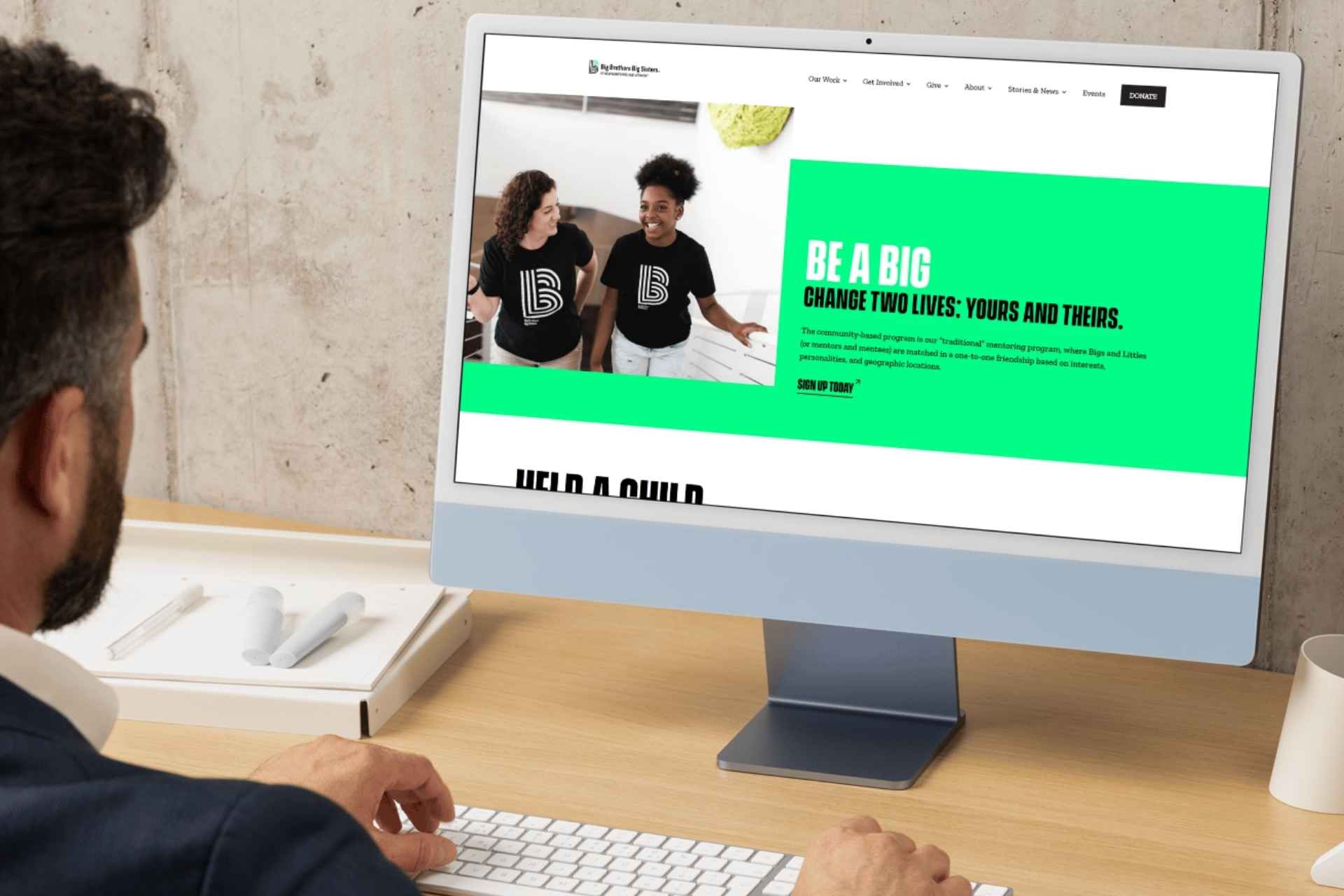 screenshot of big brothers big sisters site with a specific page for volunteers looking to be a mentor
