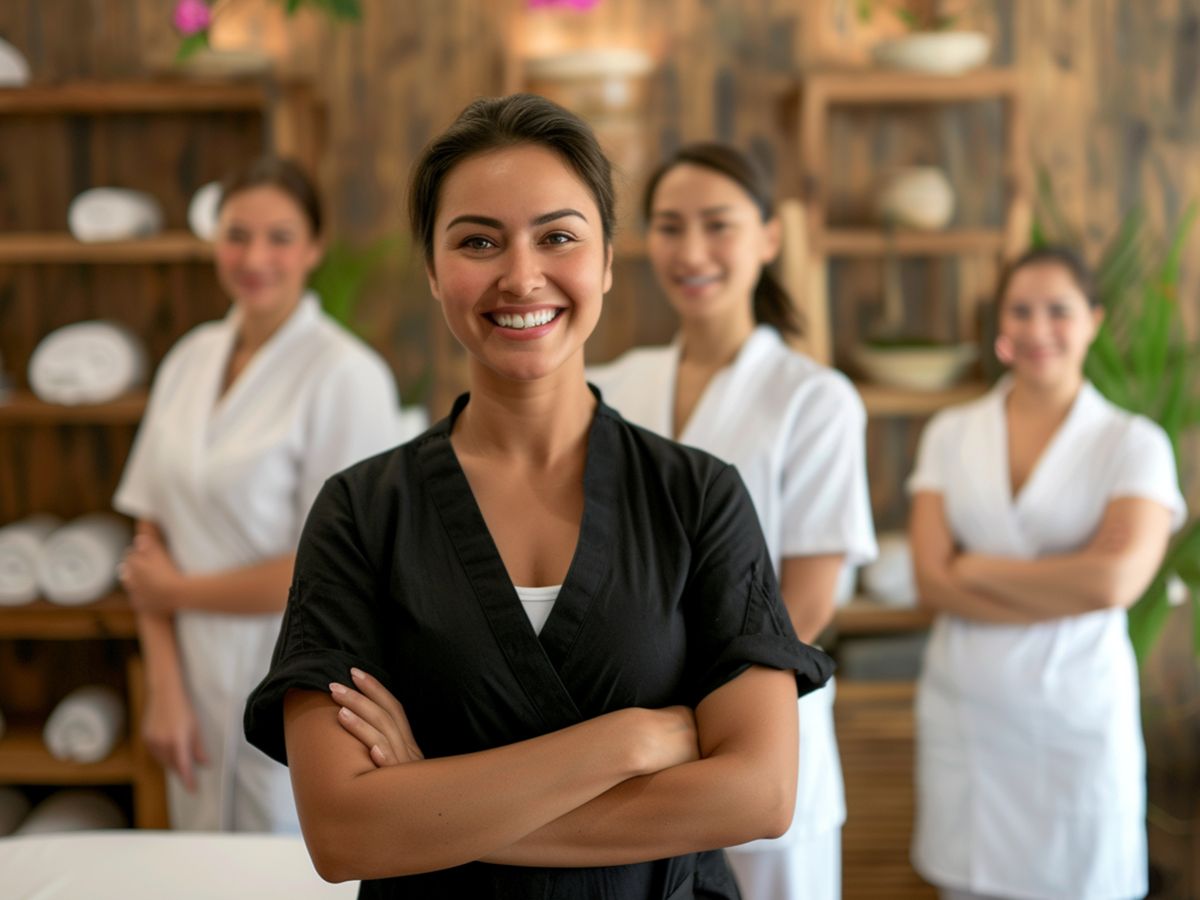 smiling massage therapist with other massage therapists behind