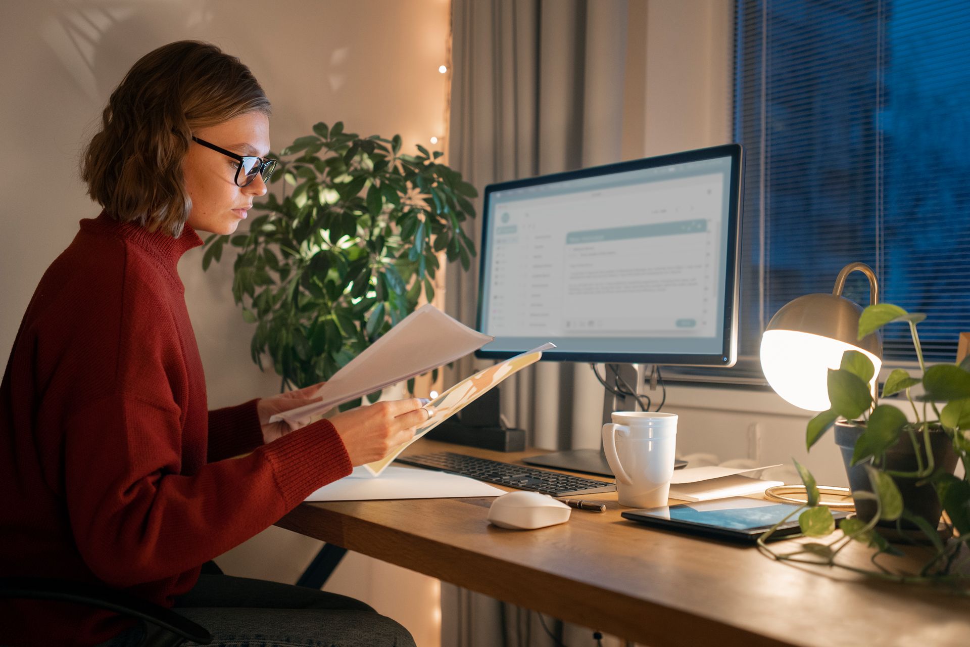 woman researching franchise opportunities online in her home office at night
